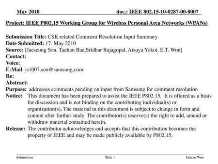 Submission Title: CSK related Comment Resolution Input Summary