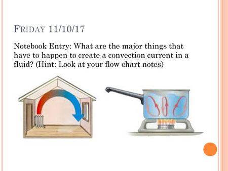 Friday 11/10/17 Notebook Entry: What are the major things that have to happen to create a convection current in a fluid? (Hint: Look at your flow chart.