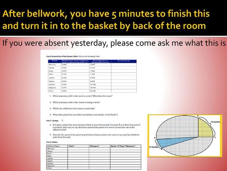 After bellwork, you have 5 minutes to finish this and turn it in to the basket by back of the room If you were absent yesterday, please come ask me what.