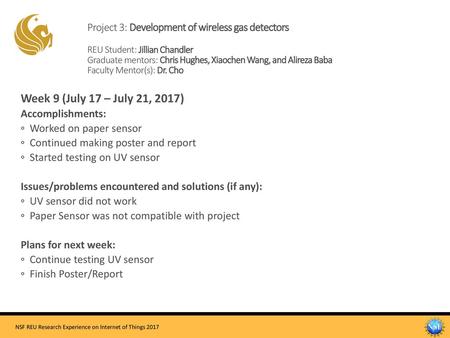 Project 3: Development of wireless gas detectors REU Student: Jillian Chandler Graduate mentors: Chris Hughes, Xiaochen Wang, and Alireza Baba Faculty.