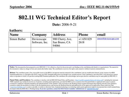 WG Technical Editor’s Report