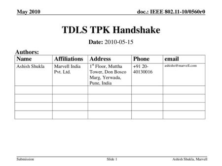 TDLS TPK Handshake Date: Authors: May 2010 May 2010