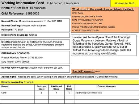 Working Information Card to be carried in safety sack