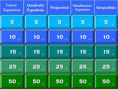 Linear Equations Quadratic Equations Proportion Simultaneous Equations