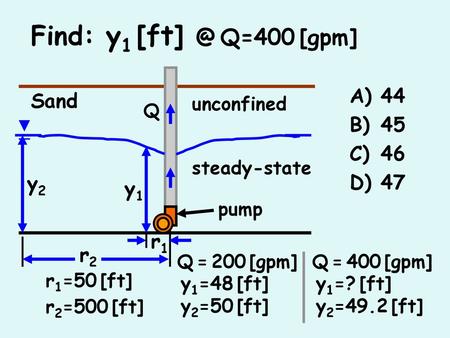 Find: y1 Q=400 [gpm] 44 Sand y2 y1 r1 r2 unconfined Q