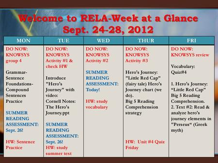 Welcome to RELA-Week at a Glance Sept , 2012