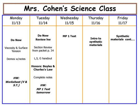 Mrs. Cohen’s Science Class