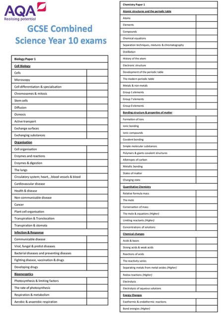 GCSE Combined Science Year 10 exams