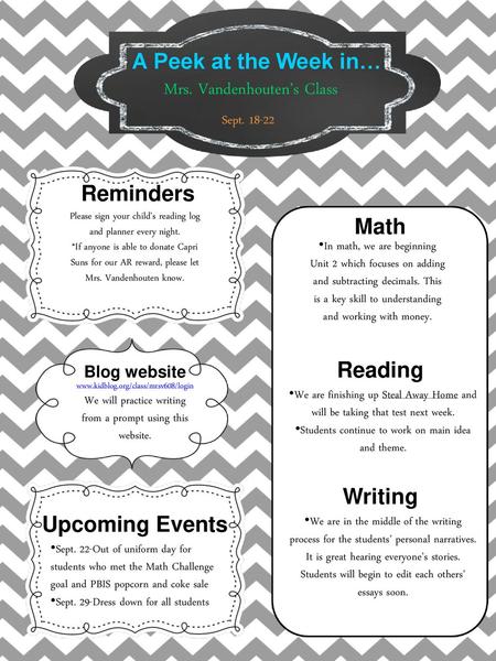 A Peek at the Week in… Reminders Math Reading Writing Upcoming Events