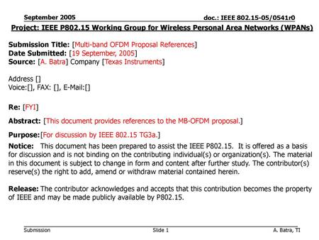 Submission Title: [Multi-band OFDM Proposal References]