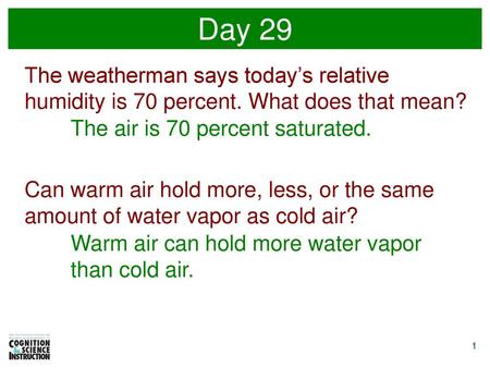 Day 29 The weatherman says today’s relative humidity is 70 percent. What does that mean? The air is 70 percent saturated. Can warm air hold more, less,