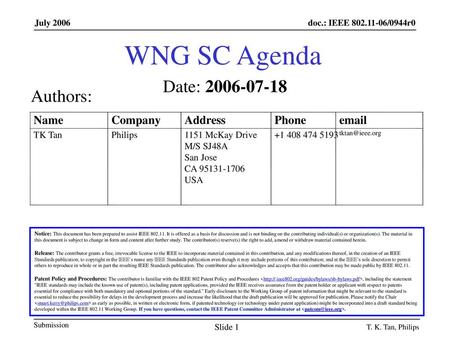 WNG SC Agenda Date: Authors: Name Company Address Phone