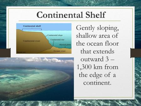 Continental Shelf Gently sloping, shallow area of the ocean floor that extends outward 3 – 1,300 km from the edge of a continent.