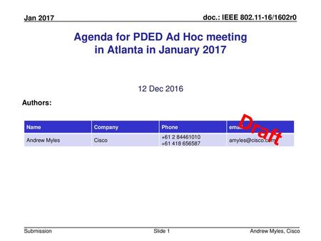 Agenda for PDED Ad Hoc meeting in Atlanta in January 2017