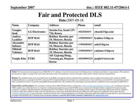 Fair and Protected DLS September 2007 Date: