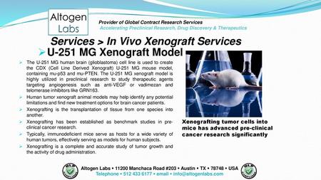 Telephone  512 433 6177  email  info@altogenlabs.com Provider of Global Contract Research Services Accelerating Preclinical Research, Drug Discovery.