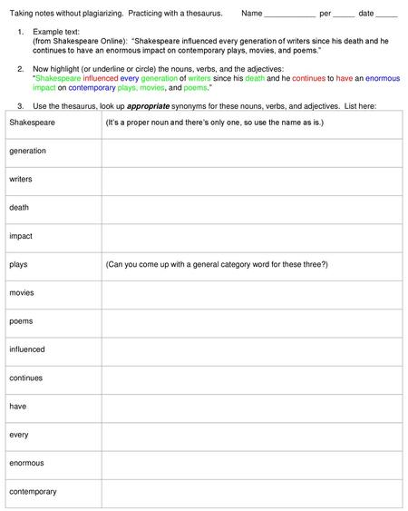 Taking notes without plagiarizing. Practicing with a thesaurus