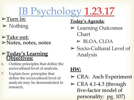 IB Psychology Turn in: Nothing Learning Outcomes Chart