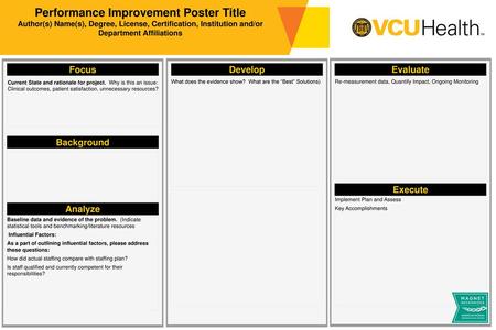 Performance Improvement Poster Title Author(s) Name(s), Degree, License, Certification, Institution and/or Department Affiliations Focus Develop Evaluate.