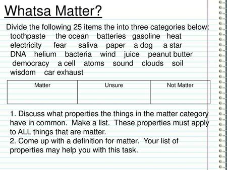 Whatsa Matter? Divide the following 25 items the into three categories below: toothpaste	 the ocean	batteries gasoline heat electricity 	 fear	 saliva.