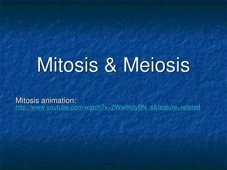 Mitosis & Meiosis Mitosis animation: http://www.youtube.com/watch?v=2WwIKdyBN_s&feature=related.