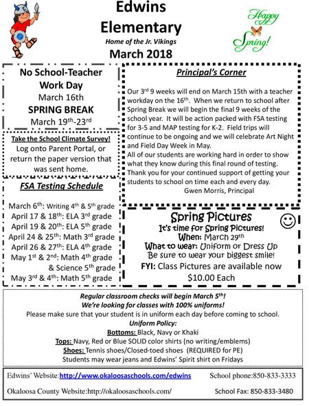 Edwins Elementary March 2018 No School-Teacher Work Day SPRING BREAK