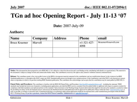 TGn ad hoc Opening Report - July ‘07