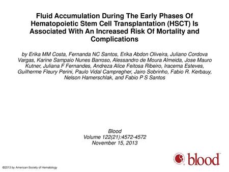 Fluid Accumulation During The Early Phases Of Hematopoietic Stem Cell Transplantation (HSCT) Is Associated With An Increased Risk Of Mortality and Complications.