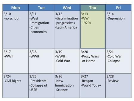 Mon Tue Wed Thu Fri 3/10 -no school 3/11 -West -Immigration -Cities