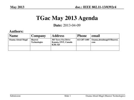 TGac May 2013 Agenda Date: Authors: May 2013 May 2013