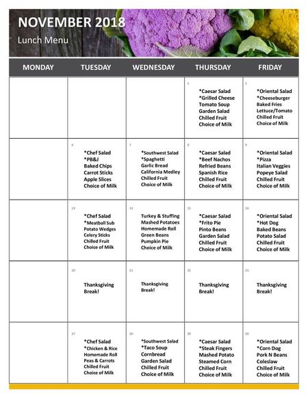 November 2018 Lunch Menu Monday Tuesday Wednesday Thursday Friday