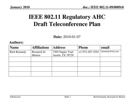 IEEE Regulatory AHC Draft Teleconference Plan