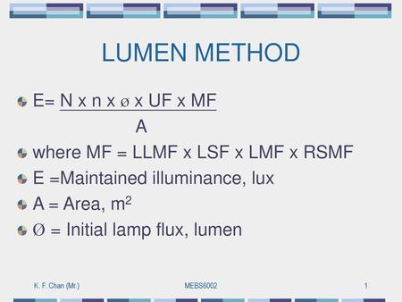 LUMEN METHOD E= N x n x ø x UF x MF A