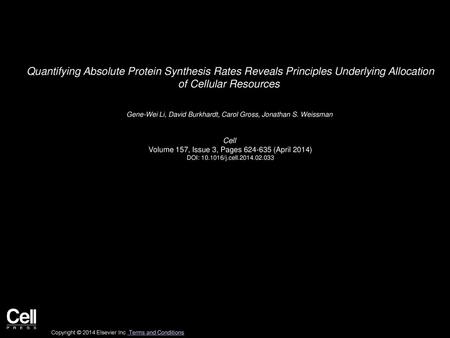 Quantifying Absolute Protein Synthesis Rates Reveals Principles Underlying Allocation of Cellular Resources  Gene-Wei Li, David Burkhardt, Carol Gross,