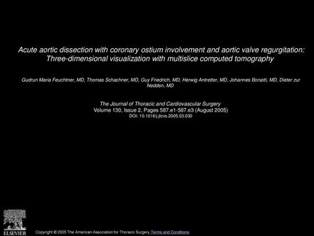 Acute aortic dissection with coronary ostium involvement and aortic valve regurgitation: Three-dimensional visualization with multislice computed tomography 