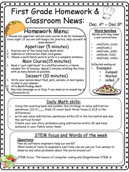 First Grade Homework & Classroom News: