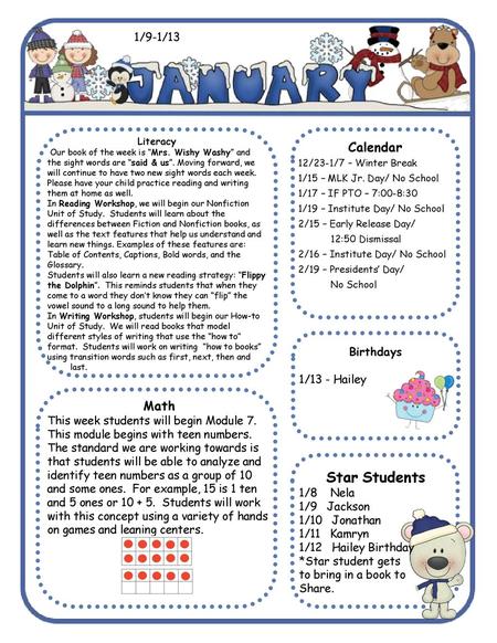 Star Students Calendar Math 1/9-1/13 Birthdays 1/13 - Hailey