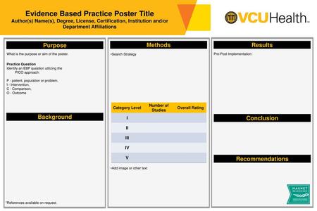 Evidence Based Practice Poster Title Author(s) Name(s), Degree, License, Certification, Institution and/or Department Affiliations Purpose Methods Results.