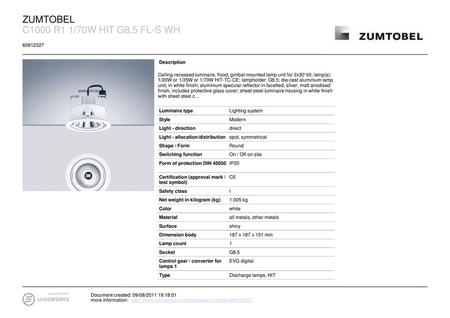 ZUMTOBEL C1000 R1 1/70W HIT G8,5 FL-S WH Description