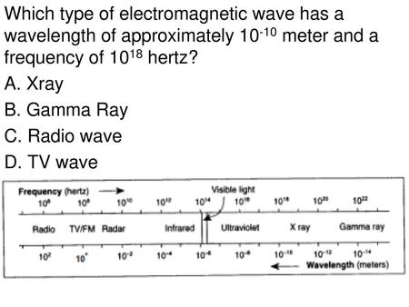 Which type of electromagnetic wave has a wavelength of approximately 10-10 meter and a frequency of 1018 hertz? A. Xray B. Gamma Ray C. Radio wave D. TV.