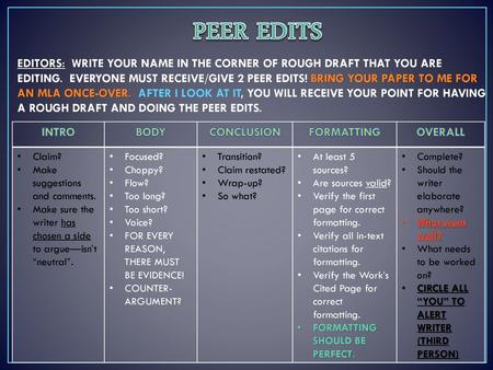 PEER EDITS EDITORS: WRITE YOUR NAME IN THE CORNER OF ROUGH DRAFT THAT YOU ARE EDITING. EVERYONE MUST RECEIVE/GIVE 2 PEER EDITS! BRING YOUR PAPER TO ME.