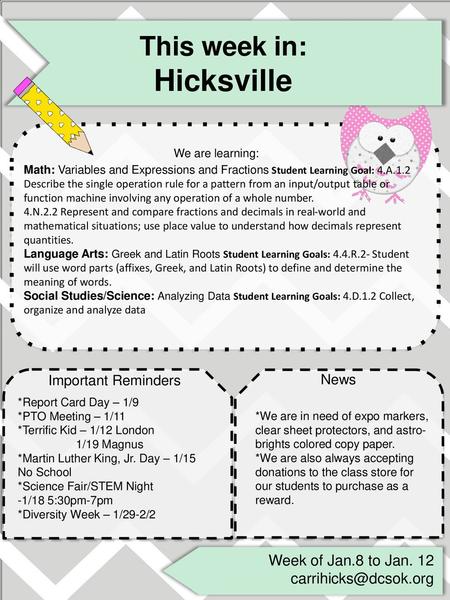 Hicksville This week in: We are learning: Week of Jan.8 to Jan. 12