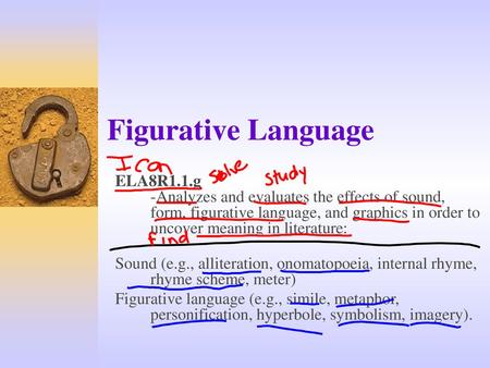 Figurative Language ELA8R1.1.g -Analyzes and evaluates the effects of sound, form, figurative language, and graphics in order to uncover meaning in literature: