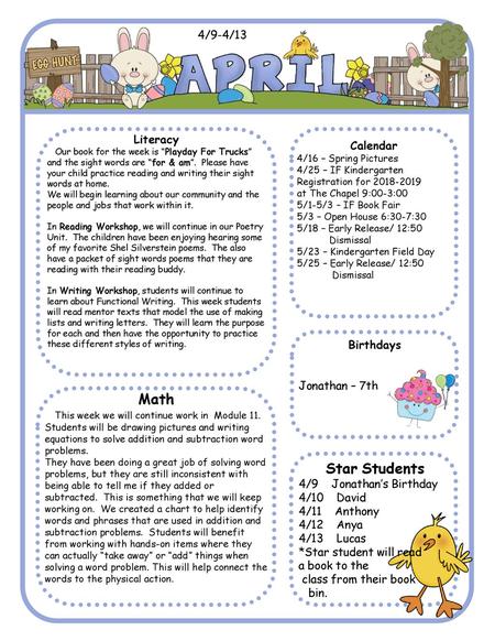 Math Star Students 4/9-4/13 Literacy Calendar Birthdays Jonathan – 7th