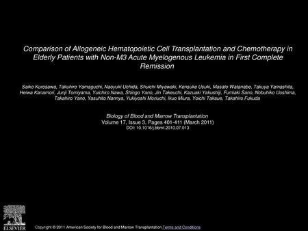 Comparison of Allogeneic Hematopoietic Cell Transplantation and Chemotherapy in Elderly Patients with Non-M3 Acute Myelogenous Leukemia in First Complete.