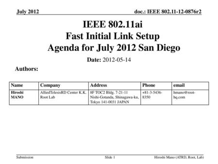 IEEE ai Fast Initial Link Setup Agenda for July 2012 San Diego