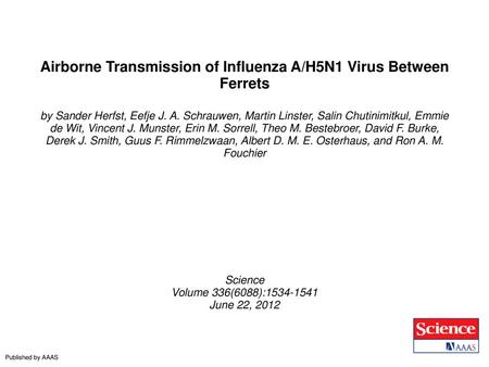 Airborne Transmission of Influenza A/H5N1 Virus Between Ferrets