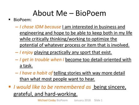 Michael Cosby BioPoem January 2018 Slide 1