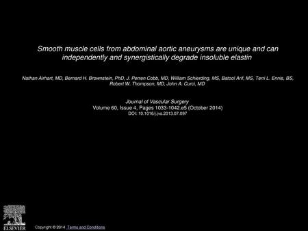 Smooth muscle cells from abdominal aortic aneurysms are unique and can independently and synergistically degrade insoluble elastin  Nathan Airhart, MD,