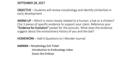 SEPTEMBER 28, 2017 OBJECTIVE – Students will review morphology and identify similarities in early development . WARM-UP – Which is more closely related.